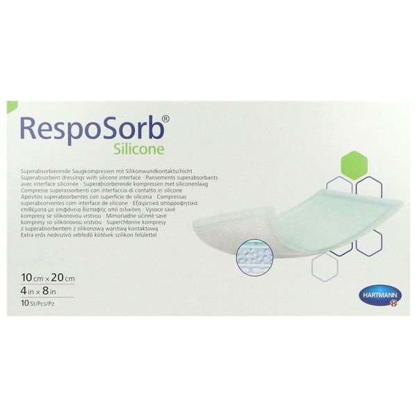 RESPOSORB SILICONE Pansement hydrocellulaire superabsorbant, interface siliconée, stérile, 10 cm x 20 cm (ref. 413043), bt 10