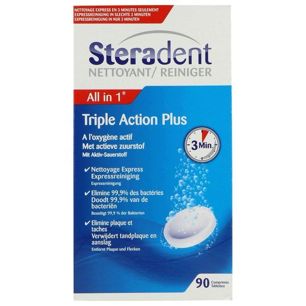 STERADENT TRIPLE ACTION Comprimé effervescent Triple Action nettoyant pour appareils dentaires, tube 30, bt 3