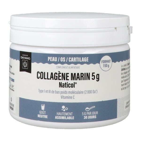 DAYANG COLLAGENE MARIN 5 G NATICOL Poudre, complément alimentaire avec collagène marin hydrolysé et vitamine C, pot 150 g
