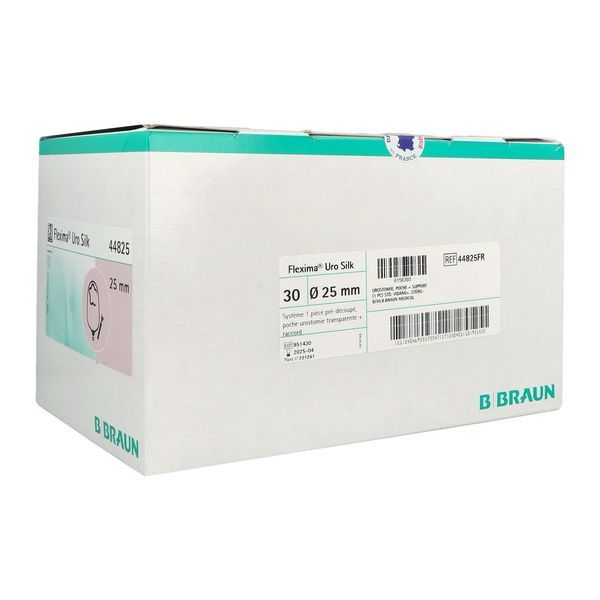 FLEXIMA URO SILK PLAN Poche vidangeable système 1 pièce, protecteur cutané plan, prédécoupé, diamètre 25 mm (ref. 44825FR), bt 30