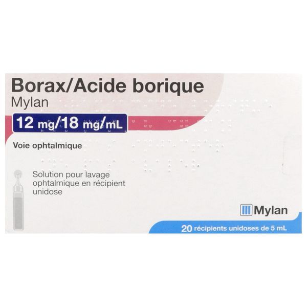 BORAX ACIDE BORIQUE VIATRIS Solution pour lavage ophtalmique 12 mg/18 mg/ml, boîte 20 récipients unidoses 5ml
