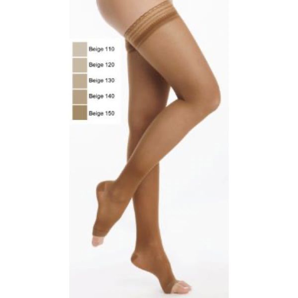 SIGVARIS 2 STYLES TRANSPARENT Bas cuisse médical de compression autofixant classe 2, pour femme, pied ouvert, beige 120, long, Xlarge (ref. 301922), paire