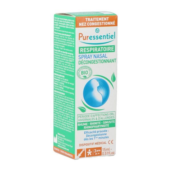 PURESSENTIEL RESPIRATOIRE SPRAY NASAL DECONGESTIONNANT Spray nasal décongestionnant aux huiles essentielles bio, spray 15 ml
