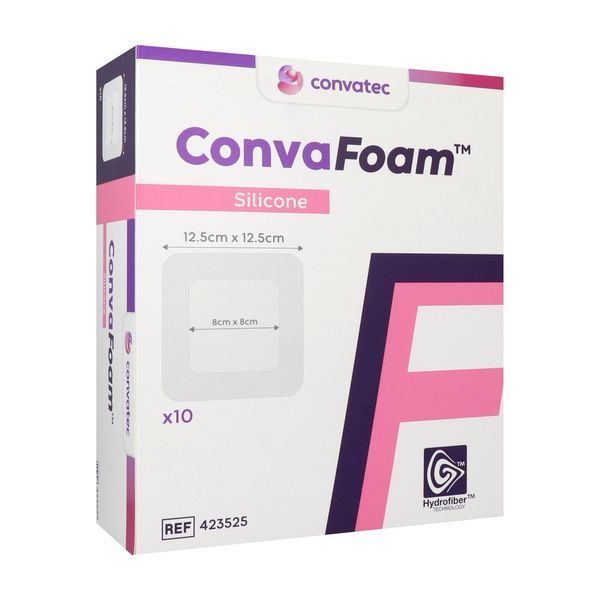 CONVAFOAM Pansement hydrocellulaire issu de la Technologie hydrofiber, adhésif siliconé, 12,5 cm x 12,5 cm (ref. 423255), bt 10