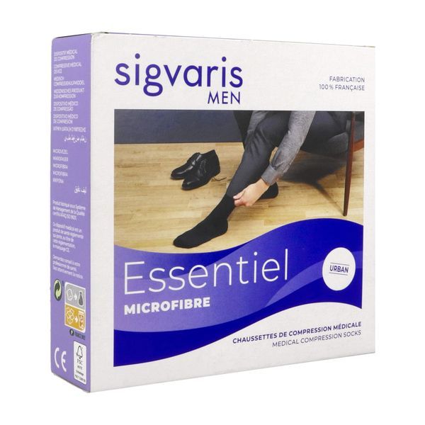 SIGVARIS 2 ESSENTIEL MICROFIBRE MEN Chaussette médicale de compression classe 2, en fibre Nilit, pour homme, gris clair, long, large (ref. 303021), paire