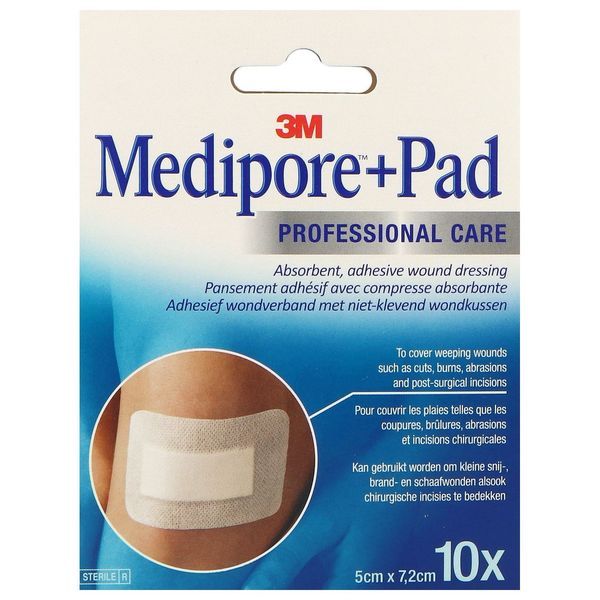 MEDIPORE + PAD Pansement absorbant, stérile, adhésif 4 côtés, 5 cm x 7,2 cm, bt 10