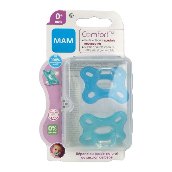 MAM COMFORT SUCETTE Sucette physiologique, spécial nouveau né, silicone souple et doux, bleu - vert, bt 2