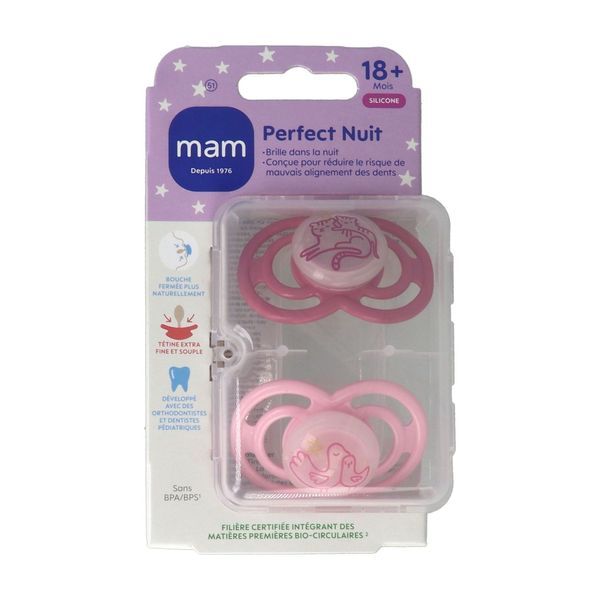 MAM PERFECT SUCETTE NUIT ANIMAUX + 18 MOIS Sucette anatomique de nuit, téterelle silicone, décorée, N° 51, bt 2