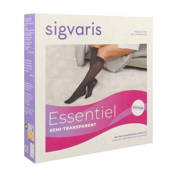 SIGVARIS 3 ESSENTIEL SEMI - TRANSPARENT Bas cuisse médical de compression autofixant classe 3 pour femme, noir, long, medium (ref. 302844), paire