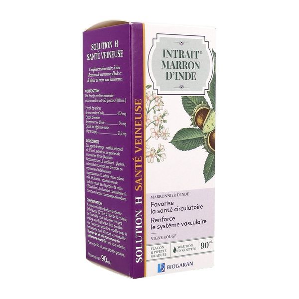 INTRAIT MARRON D'INDE SOLUTION H SANTE VEINEUSE Solution buvable, complément alimentaire pour la circulation veineuse, fl 90 ml