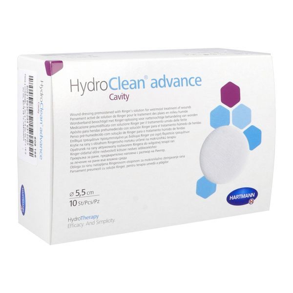 HYDROCLEAN ADVANCE CAVITY Pansement hydrogel irrigoabsorbant pour plaie profonde, prêt à l'emploi, rond, diamètre 5,5 cm (ref. 609166), bt 10