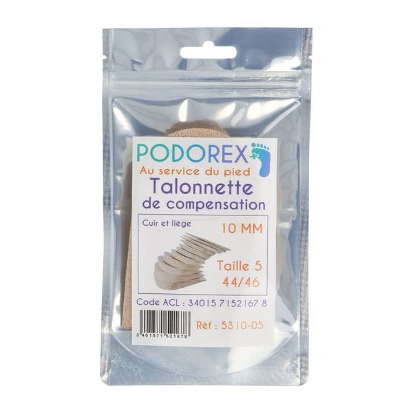 PODOREX TALONNETTE DE COMPENSATION Talonnette de compensation en liège caoutchouc résistant, 10 mm, taille 5, pointure 44 - 46, unité