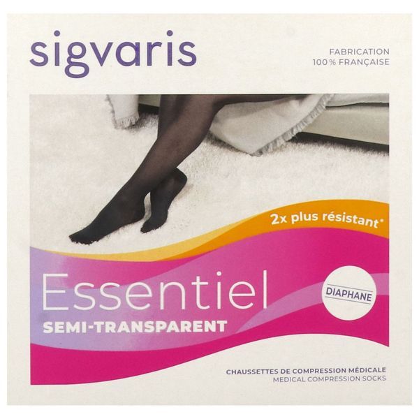 SIGVARIS 2 ESSENTIEL SEMI - TRANSPARENT MOINS Chaussette médicale de compression, classe 2, mollet fin, pour femme, noir, normal, large (ref. 302290), paire