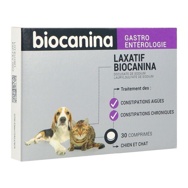 BIOCANINA GASTROENTEROLOGIE LAXATIF Comprimé pelliculé laxatif pour chien et chat, bt 30