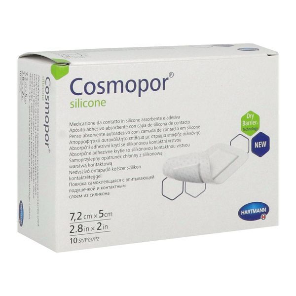 COSMOPOR SILICONE Pansement hydrocellulaire mince, autoadhérent, siliconé, stérile, 7,2 cm x 5 cm (ref. 901106), bt 10