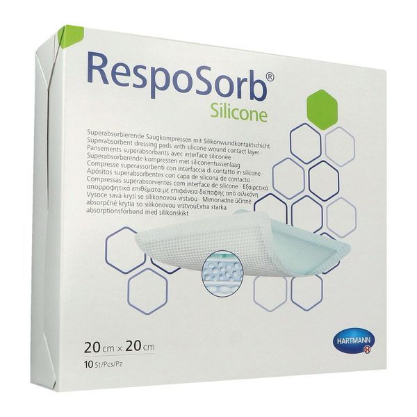 RESPOSORB SILICONE Pansement hydrocellulaire superabsorbant, interface siliconée, stérile, 20 cm x 20 cm (ref. 413044), bt 10