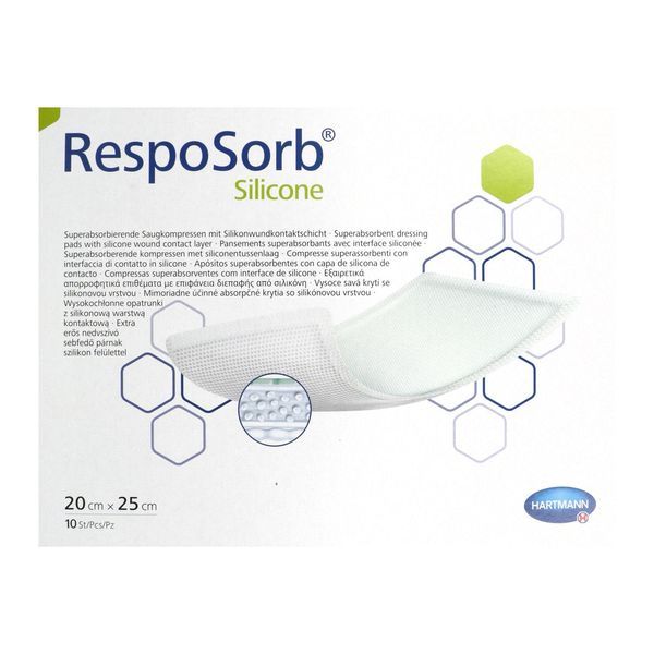 RESPOSORB SILICONE Pansement hydrocellulaire superabsorbant, interface siliconée, stérile, 20 cm x 25 cm (ref. 413045), bt 10