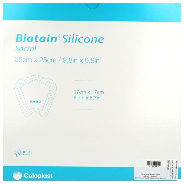 BIATAIN SILICONE SACRUM Pansement hydrocellulaire bord adhésif siliconé, repositionnable, stérile, large 25 cm x 25 cm (ref. 334050), bt 5