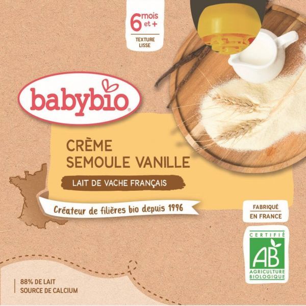 Babybio Gourde Crème Vanille Semoule BIO dès 6 mois- 4 x 85 g