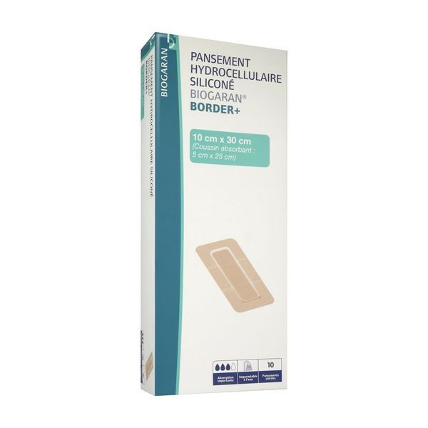 BIOGARAN BORDER + Pansement hydrocellulaire siliconé, bord adhésif, absorption importante, 10 cm x 30 cm, bt 10