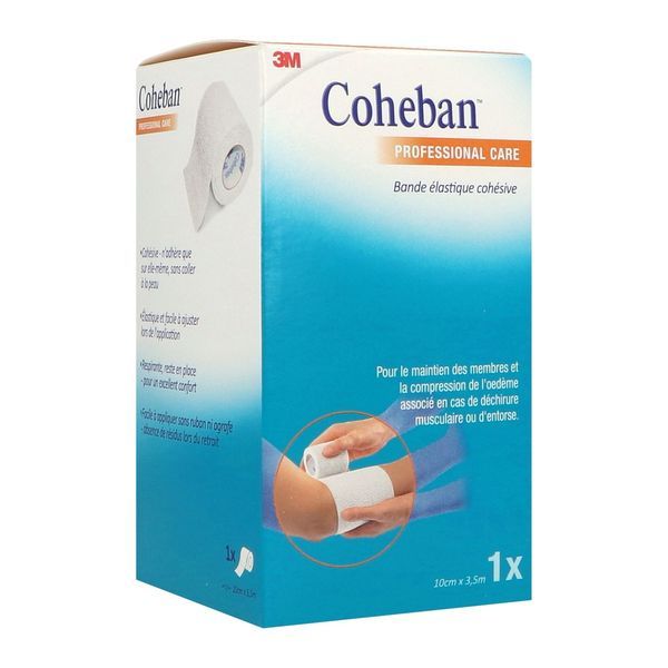 COHEBAN 3M Bande de contention cohésive, force 1, 20 cN/cm à 45 cN/cm, élastique 1 sens, blanc 3,5 m x 10 cm (ref. 1584FP-BE), unité