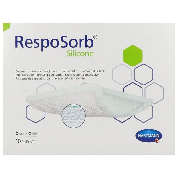RESPOSORB SILICONE Pansement hydrocellulaire superabsorbant, interface siliconée, stérile, 8 cm x 8 cm (ref. 413041), bt 10