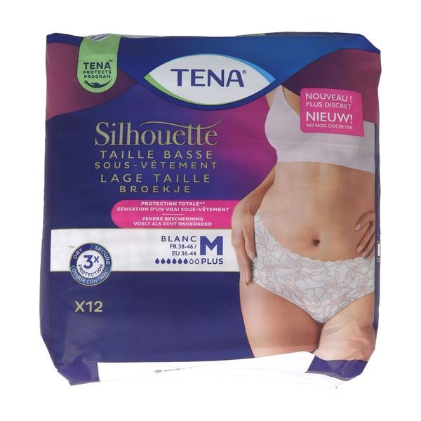 TENA SILHOUETTE PLUS Sous vêtement absorbant jetable pour incontinence urinaire, taille basse, femme, blanc, medium, taille 38 - 46 (ref. 780103), sac 12