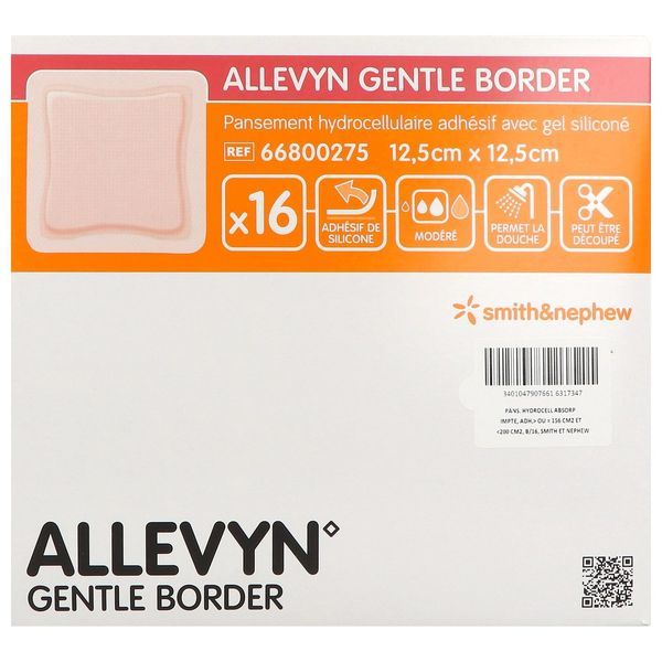 ALLEVYN GENTLE BORDER Pansement hydrocellulaire à bords adhésifs, stérile, très absorbant, 12,5 cm x 12,5 cm, bt 16