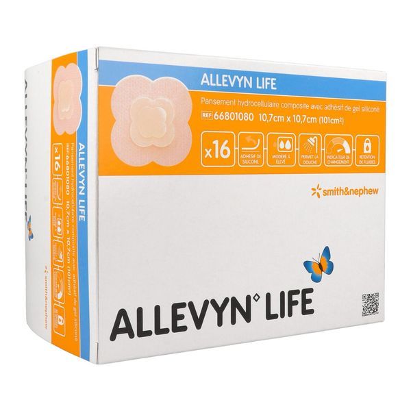 ALLEVYN LIFE Pansement hydrocellulaire composite à bords adhésifs, stérile, très absorbant, 10,7 cm x 10,7 cm (ref. 66801080), bt 16