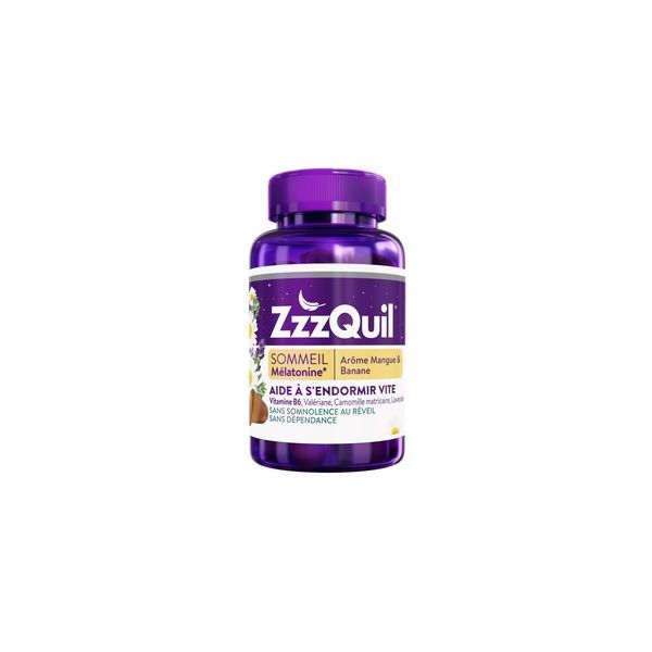ZZZQUIL SOMMEIL AROME MANGUE & BANANE Gomme à mâcher, complément alimentaire pour l'endormissement plus rapide, pot 60