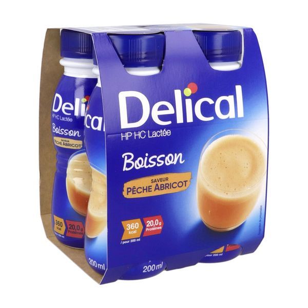 DELICAL BOISSON LACTEE HP HC Denrée alimentaire destinée à des fins médicales spéciales, pêche abricot, 200 ml x 4