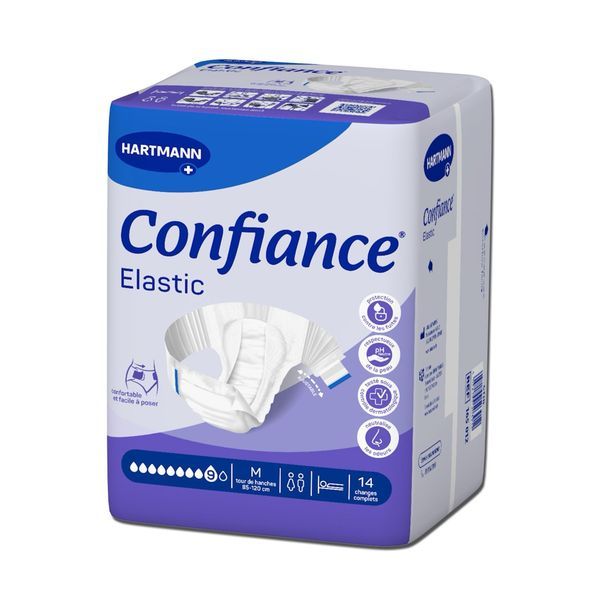 CONFIANCE ELASTIC 9 G Change-complet hypoallergénique, avec ailes élastiques, incontinence forte, medium (ref. 165012), sachet 14