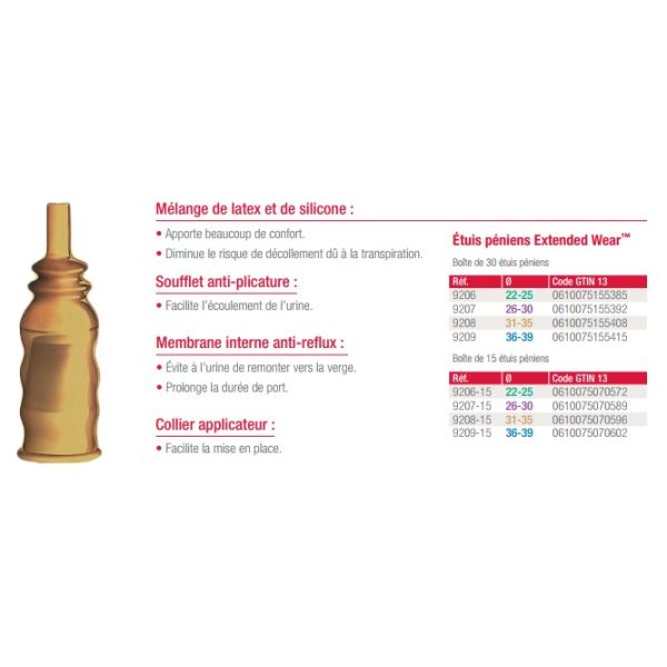 HOLLISTER EXTEND WEAR Etui pénien autoadhésif, hypoallergénique, à usage prolongé, diamètre 22 mm à 25 mm (ref. 9206), bt 30
