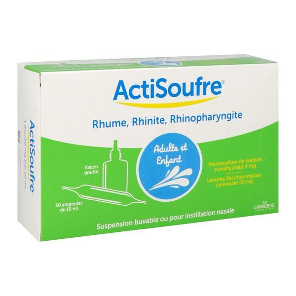 ACTISOUFRE Suspension buvable ou pour instillation nasale 4 mg/50 mg par 10 ml, boîte 30 ampoules 10 ml