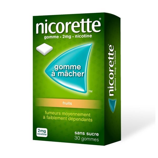 NICORETTE FRUITS SANS SUCRE Gomme à mâcher médicamenteuse 2 mg, boîte 30