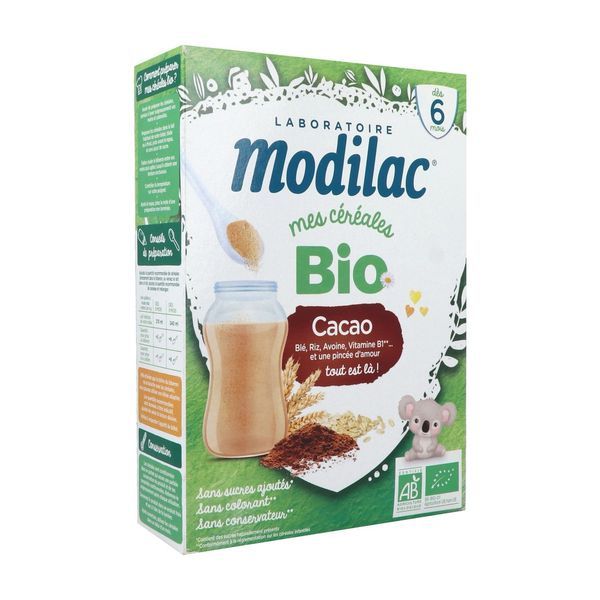 MODILAC MES CEREALES BIO Céréale infantile instantanée pour nourrisson 2ème âge, cacao, bt 250 g