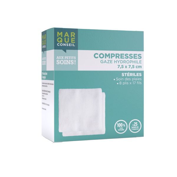 MARQUE CONSEIL COMPRESSE GAZE Compresse de gaze hydrophile stérile 100 % coton, 7,5 cm x 7,5 cm, sachet 2, 25 sachets, bt 50