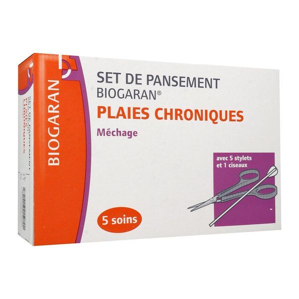 BIOGARAN SET DE PANSEMENT PLAIES CHRONIQUES MECHAGE Set de nettoyage et réfection de pansement pour plaies chroniques cavitaires, bt 5