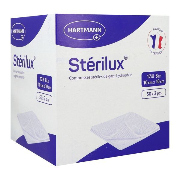 STERILUX ES Compresse de gaze hydrophile, stérile, sachet de 2 compresses, 17 fils, 8 plis, 10 cm x 10 cm, 50 sachets (ref. 241327), bt 100
