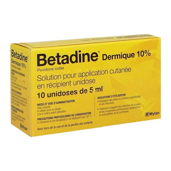 BETADINE DERMIQUE Solution pour application cutanée en récipient unidose 10 %, boîte 10 récipients unidoses 5 ml