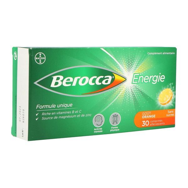 BEROCCA ENERGIE COMPRIME EFFERVESCENT Comprimé effervescent, complément alimentaire avec édulcorant, bt 30