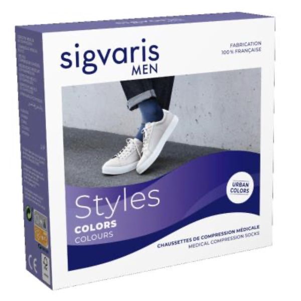 SIGVARIS 2 STYLES COLOR MEN Chaussette médicale de compression classe 2 en microfibre Nilit, bicolore, bleu et gris, long, small (ref. 303301), paire