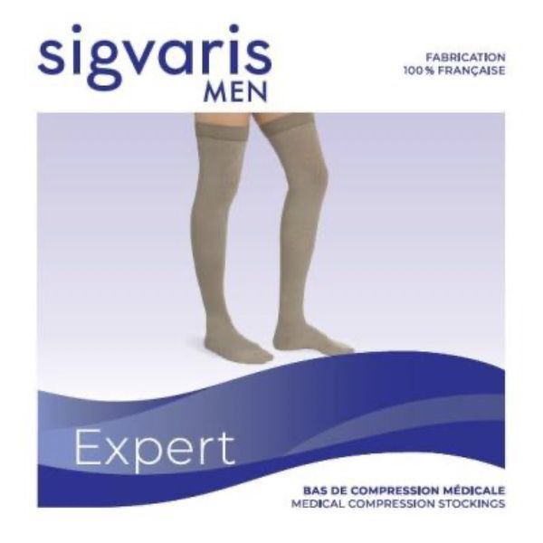 SIGVARIS 3 EXPERT HOMME Bas cuisse médical de contention autofixant classe 3, pour homme, chrome, normal, small (ref. 309551), paire