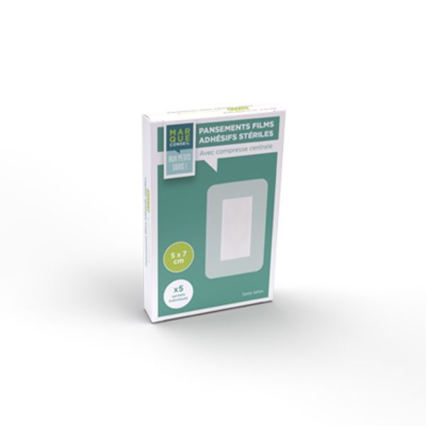 MARQUE CONSEIL FILMS ADHESIFS STERILES Pansement film adhésif avec compresse centrale, semiperméable, stérile, 5 cm x 7 cm, bt 5