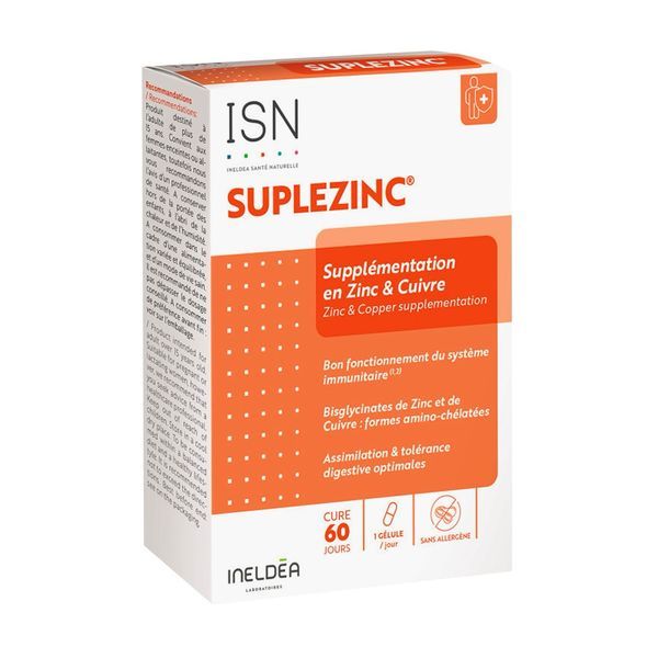 SUPLEZINC Gélule, complément alimentaire à base de bisglycinates de Zinc et de Cuivre, bt 60