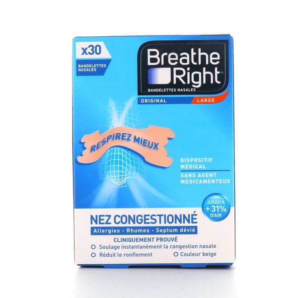 Breathe Right Bandelettes nasales Original, taille large - 1 boîte de 30 bandelettes