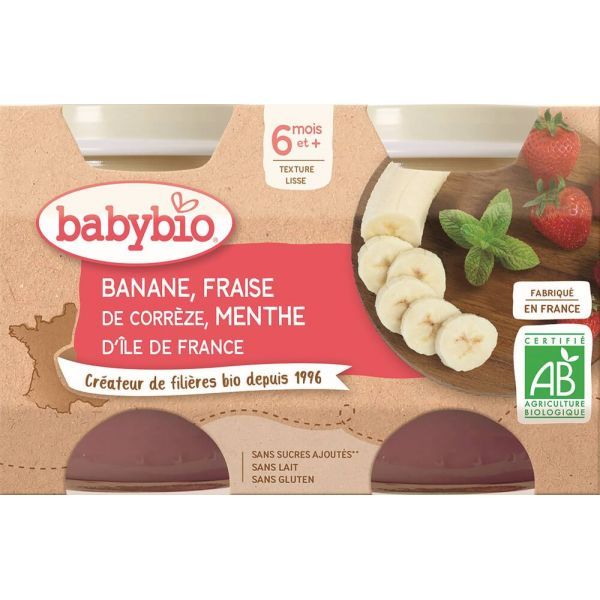 Babybio Petits Pots Banane Fraise Menthe BIO - dès 6 mois - 2 x 130g