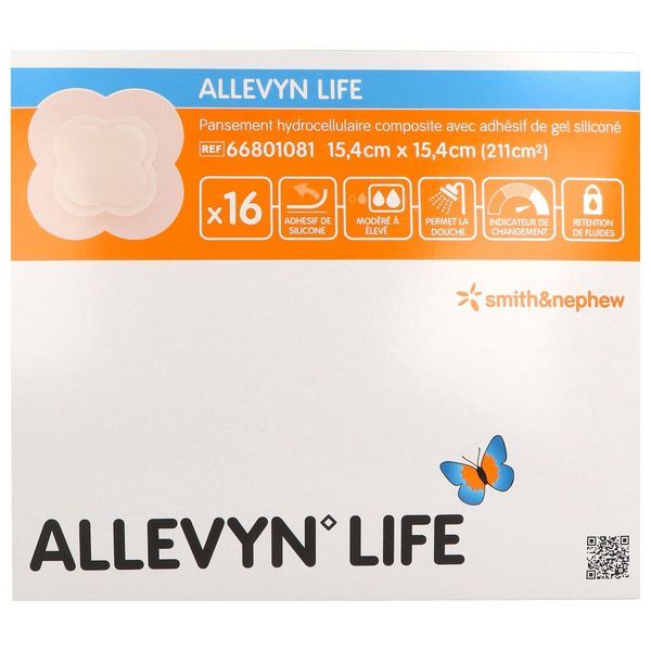 ALLEVYN LIFE Pansement hydrocellulaire composite à bords adhésifs, stérile, très absorbant, 15,4 cm x 15,4 cm (ref. 66801081), bt 16