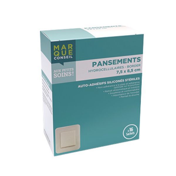 MARQUE CONSEIL PANSEMENTS HYDROCELLULAIRES BORDER Pansement hydrocellulaire autoadhérent, siliconé, stériles, bords adhésifs, 7,5 cm x 8,5 cm, bt 16