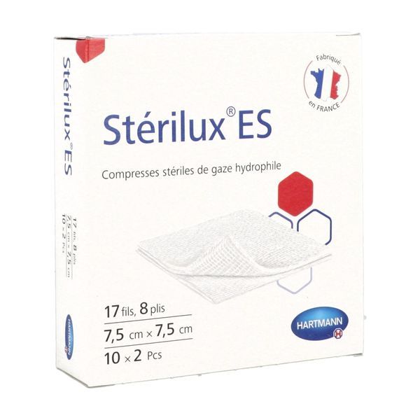 STERILUX ES Compresse de gaze hydrophile, stérile, sachet de 2 compresses, 17 fils, 8 plis, 7,5 cm x 7,5 cm, 10 sachets (ref. 241320), bt 20